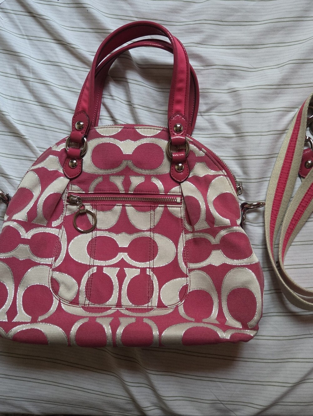 Coach Poppy Signature Lurex C Outline Purse In Pink With Silver Details